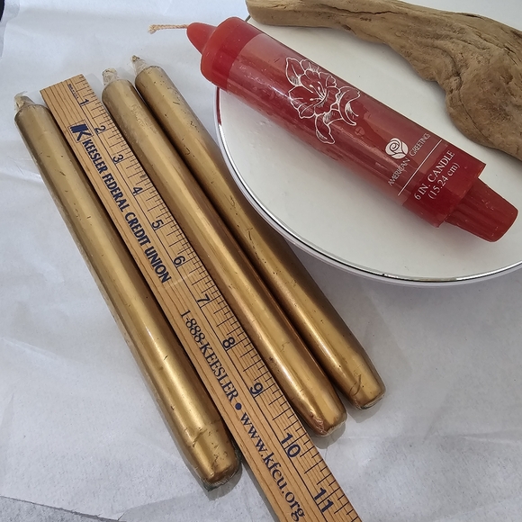 3-GOLD Wax 10" TALL Candles PLUS 1-6" Chunky American Greetings RED Christmas - Picture 15 of 16